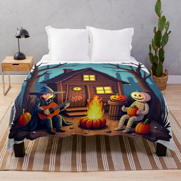 Item preview, Halloween Night Witch Playing Guitar with Pumpkin Head Friend by Cozy Cabin Campfire Illustration designed and sold by Mimoshi ⭐⭐⭐⭐⭐.