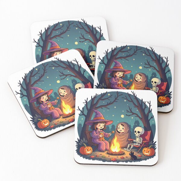 Item preview, Halloween Campfire Scene with Witch, Blanket Wrapped Child, Skeleton, Pumpkins, and Black Cat Illustration designed and sold by Mimoshi ⭐⭐⭐⭐⭐.