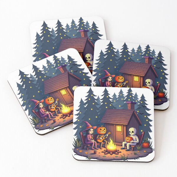 Item preview, Halloween Cabin Campfire Scene with Witch, Pumpkin Head, Mummy, Pumpkins, Forest, and Bats Illustration designed and sold by Mimoshi ⭐⭐⭐⭐⭐.