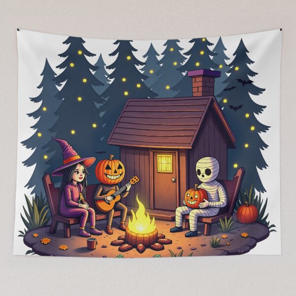 Item preview, Halloween Cabin Campfire Scene with Witch, Pumpkin Head, Mummy, Pumpkins, Forest, and Bats Illustration designed and sold by Mimoshi ⭐⭐⭐⭐⭐.
