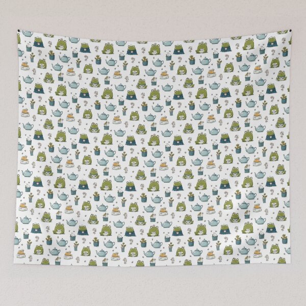 Item preview, happy green frogs sipping tea seamless digital paper designed and sold by Kawaii Patterns | Chubby Animals & Cute Ghosts.