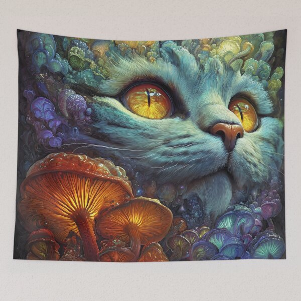 Item preview, Psychedelic Mushroom Forest Cat Dreamscape Art Print designed and sold by HarmonicDaze.