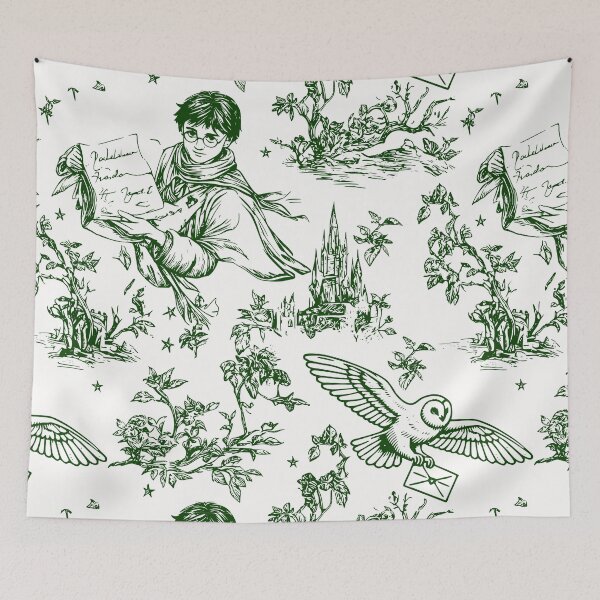 Item preview, Green Wizarding World Pattern - Young Wizard and Owl Toile de Jouy designed and sold by PricklyBearArt.