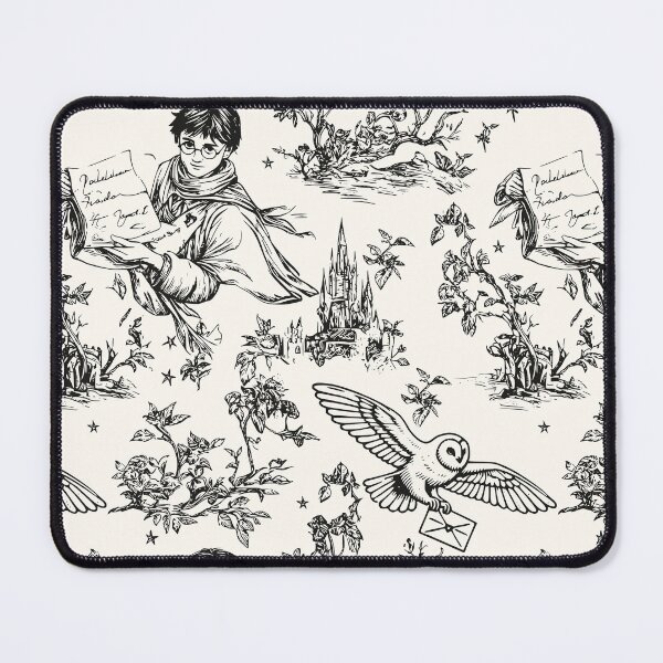 Item preview, Vintage Black Wizarding World Pattern - Young Wizard and Owl Toile de Jouy designed and sold by PricklyBearArt.