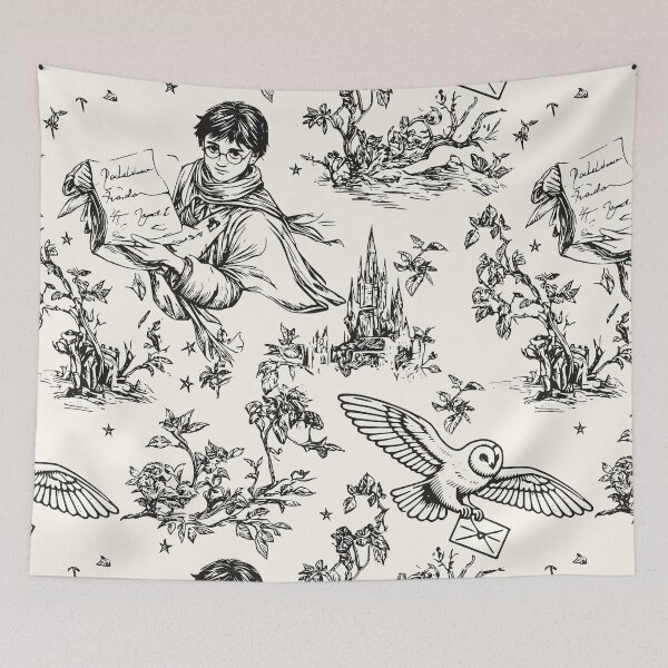 Item preview, Vintage Black Wizarding World Pattern - Young Wizard and Owl Toile de Jouy designed and sold by PricklyBearArt.
