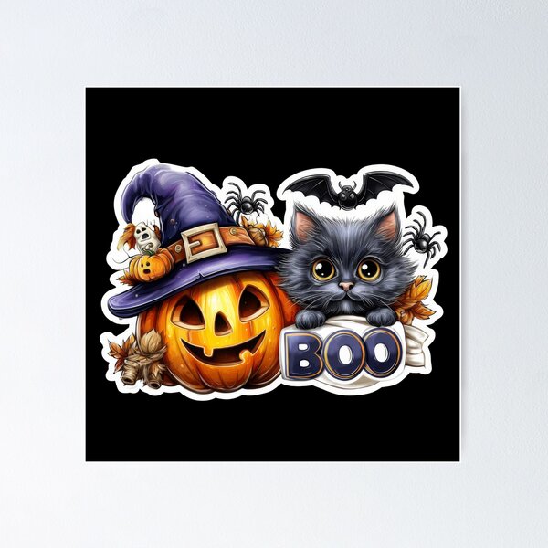 Item preview, Funny Halloween Cat Sticker – Witch Hat, Pumpkin and Ghosts designed and sold by Maryna_Reine.