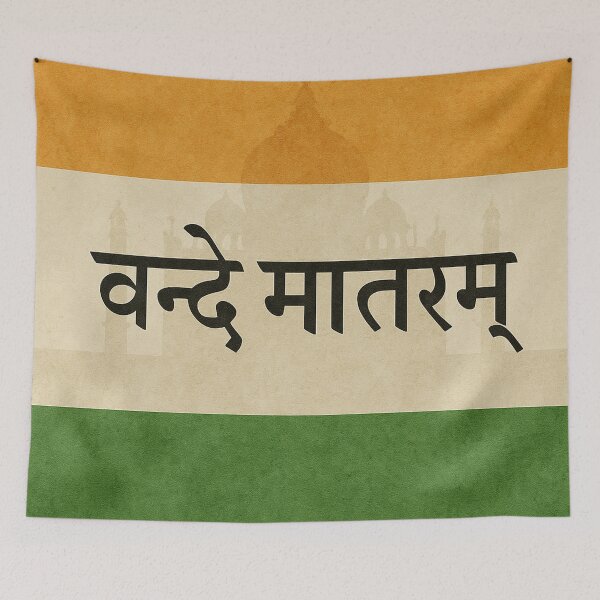 Item preview, Vande Mataram Sanskrit Calligraphy on Tricolor Background – Spiritual Patriotic India Art designed and sold by graphicbidu.
