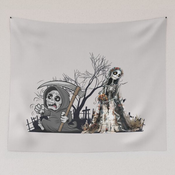 Item preview, A frightened Grim Reaper and a skeleton in a wedding dress. designed and sold by MagelliShop.