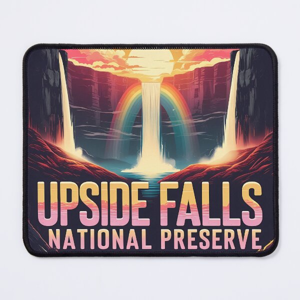 Item preview, Upside Falls National Preserve – Retro 2D Vector Surreal Canyon with Gravity-Defying Waterfalls & Sunset Rainbows designed and sold by LoliDesignShop.