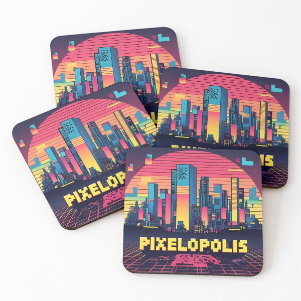 Artikelvorschau, Pixelopolis – Retro-futuristische Pixel-Stadtskyline mit Tetris-Gebäuden und Neon-Respawn-Portalen entworfen und verkauft von LoliDesignShop.