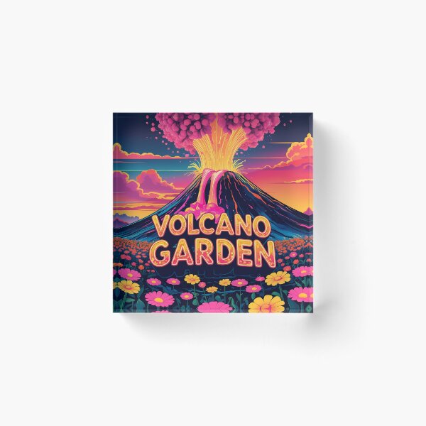 Item preview, Volcano Garden – Retro 2D Vector Fantasy Volcano Erupting Glowing Flowers Over Neon Fields designed and sold by LoliDesignShop.