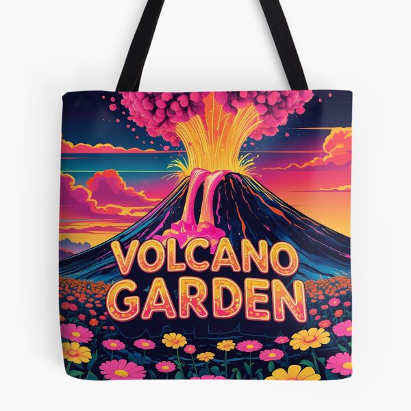 Item preview, Volcano Garden – Retro 2D Vector Fantasy Volcano Erupting Glowing Flowers Over Neon Fields designed and sold by LoliDesignShop.