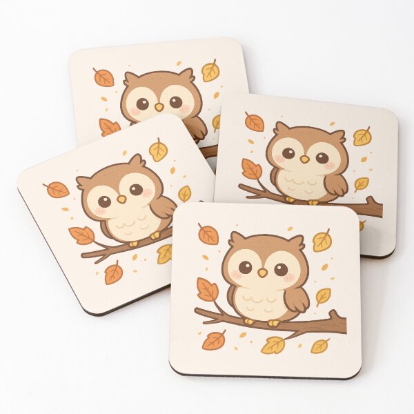 Item preview, Cute Kawaii Owl on Branch with Falling Autumn Leaves designed and sold by Queen Kaffeine.