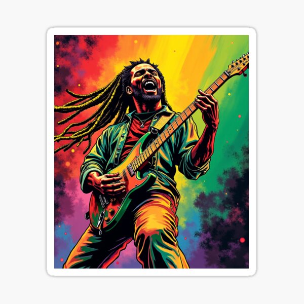 Vista previa del artículo con la obra «Leyenda de la guitarra reggae: vibrante pintura digital de arte musical rasta», diseñado y vendido por TheDesignDen52.