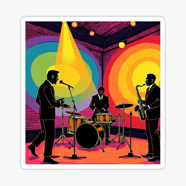 Vista previa del artículo con la obra «Banda de jazz retro: arte digital musical en vivo y colorido», diseñado y vendido por TheDesignDen52.