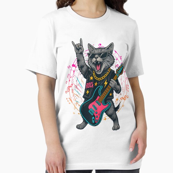 Vista previa del artículo con la obra «Camiseta retro con diseño de gato y guitarra, ideal para regalar a hombres, niños y mujeres.», diseñado y vendido por krotkrot.