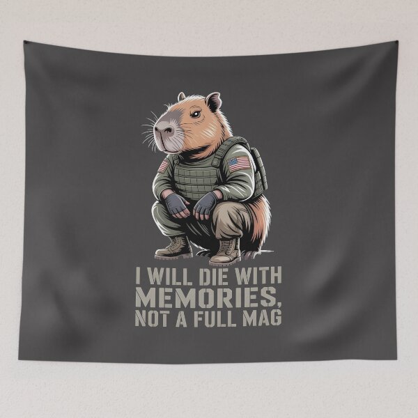 Item preview, Military Style Capybara with American Flag – “Never Die With Memories, Not a Full Mag” Graphic designed and sold by Splotchly.