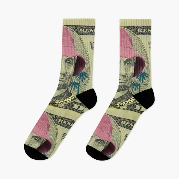 Item preview, "Gangsta Lincoln in a Skate Cap – New $5 Bill Remix" Pink basket hat　Blue palm designed and sold by YellowMagicJP.