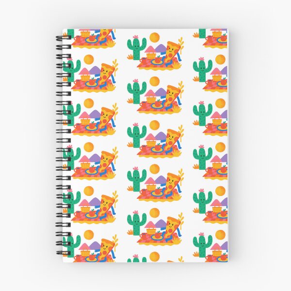 Item preview, Surreal animated picnic scene with pizza slice under sun, cactus beside and mountains, AI generated designed and sold by dvoevnore.
