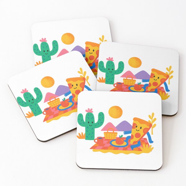 Item preview, Surreal animated picnic scene with pizza slice under sun, cactus beside and mountains, AI generated designed and sold by dvoevnore.