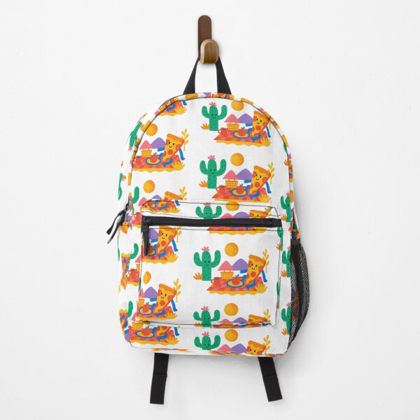 Item preview, Surreal animated picnic scene with pizza slice under sun, cactus beside and mountains, AI generated designed and sold by dvoevnore.