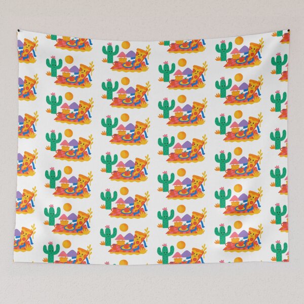 Item preview, Surreal animated picnic scene with pizza slice under sun, cactus beside and mountains, AI generated designed and sold by dvoevnore.