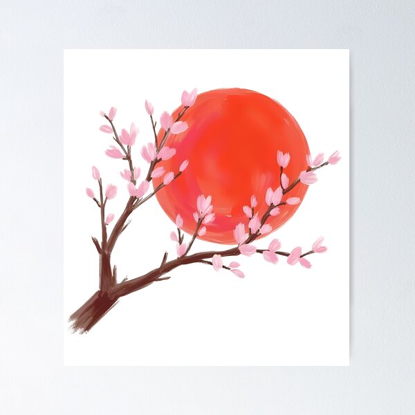Aperçu de l'œuvre Soleil rouge et branche de cerisier en fleurs – Style peinture à l'huile créée et vendue par Pixel--Threads.