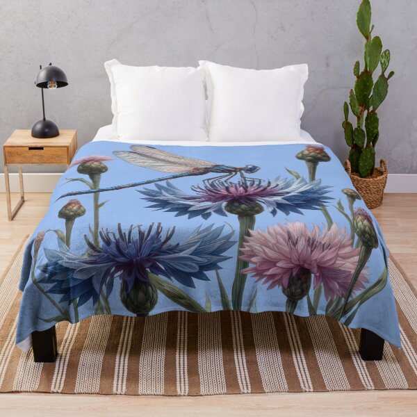 Item preview, Dragonfly in a Meadow of Blue and Pink Cornflowers designed and sold by IraBum.