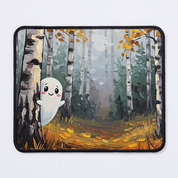 Item preview, Cute Ghost in Autumn Birch Forest – Whimsical Fall Painting designed and sold by SeGoArtDesign.