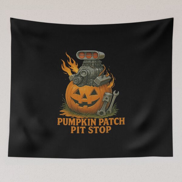 Item preview, Pumpkin Patch Pit Stop Halloween Drag Racing Car Engine Jack-o’-Lantern designed and sold by CarantinedChaos.