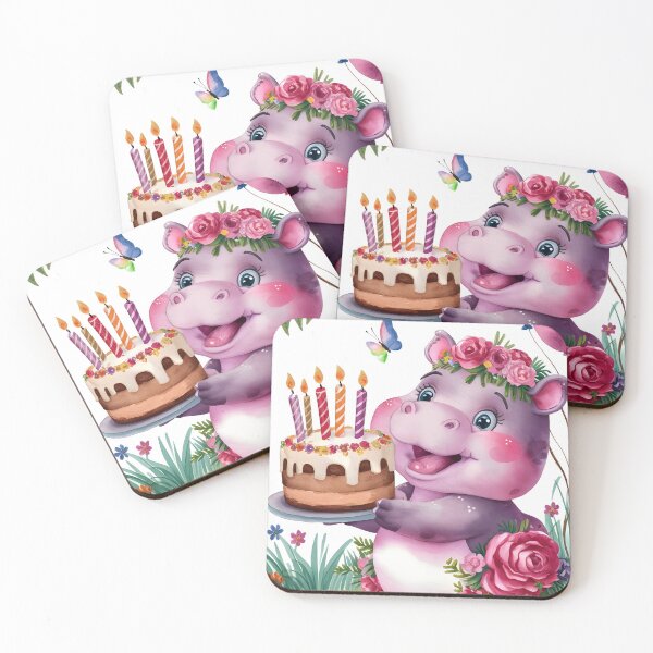 Item preview, Floral Hippo with Cake – Happy Birthday! designed and sold by EmeraldeaArt.
