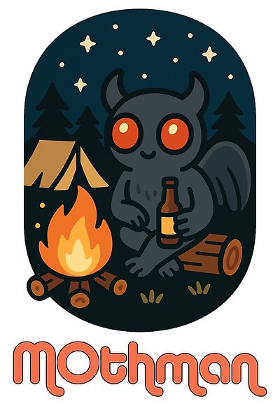 Mothman relaxing with a beer by a campfire