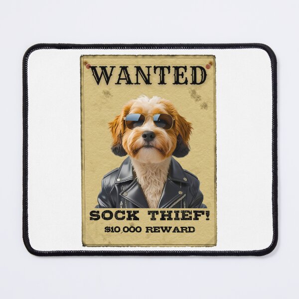 Item preview, Funny Cavapoo WANTED Poster – Cool Sunglasses & Leather Jacket Sock Thief designed and sold by Fredster1966.