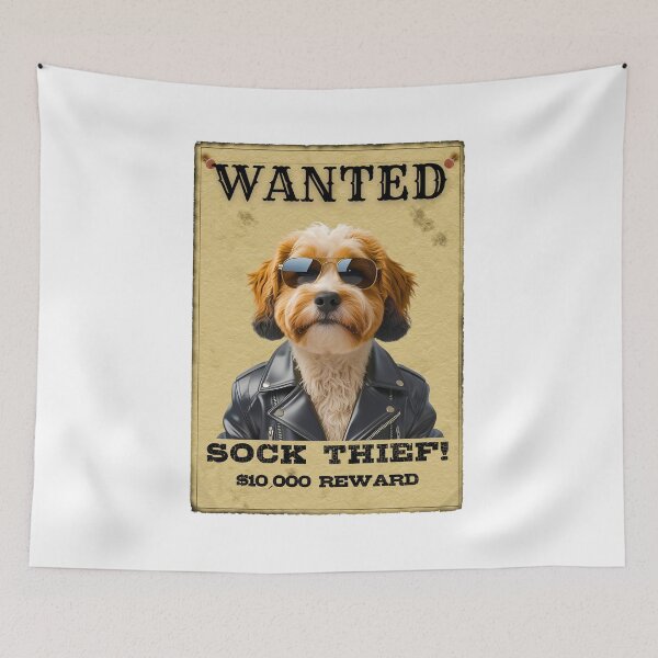 Item preview, Funny Cavapoo WANTED Poster – Cool Sunglasses & Leather Jacket Sock Thief designed and sold by Fredster1966.