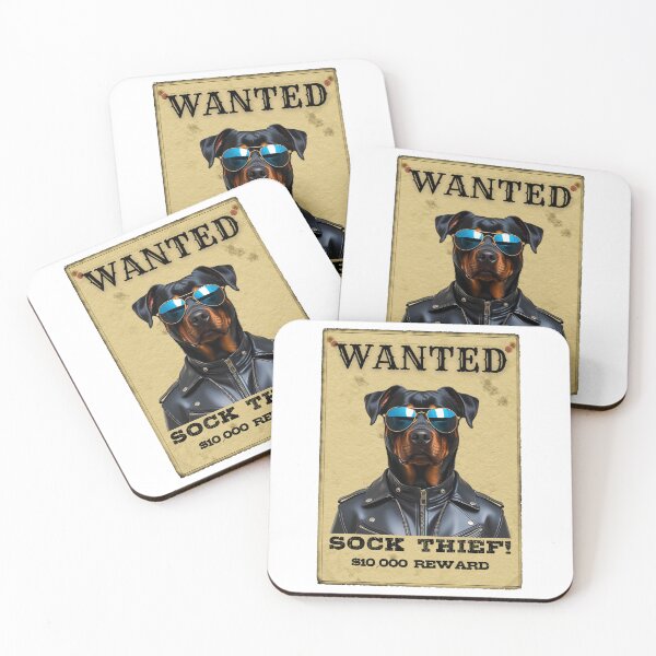 Item preview, Funny Rottweiler WANTED Poster – Cool Sunglasses & Leather Jacket Sock Thief designed and sold by Fredster1966.