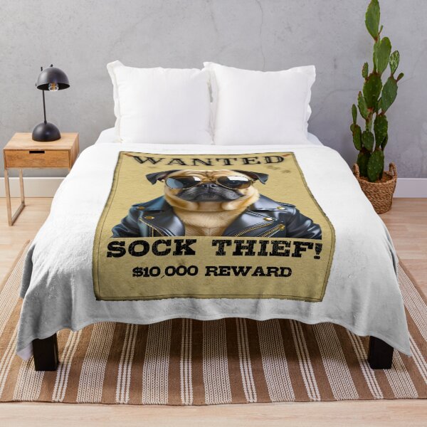 Item preview, Funny Pug WANTED Poster – Cool Sunglasses & Leather Jacket Sock Thief designed and sold by Fredster1966.