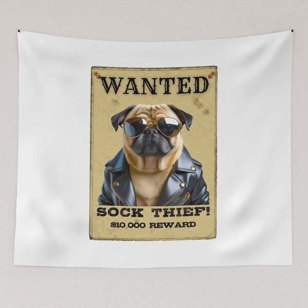 Item preview, Funny Pug WANTED Poster – Cool Sunglasses & Leather Jacket Sock Thief designed and sold by Fredster1966.