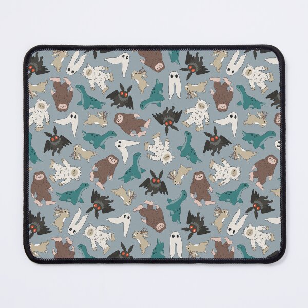 Item preview, cute cryptids in blue gray - Loch Ness monster, mothman, Bigfoot, Sasquatch, jackalope, Fresno night crawler designed and sold by Becca Alessi.