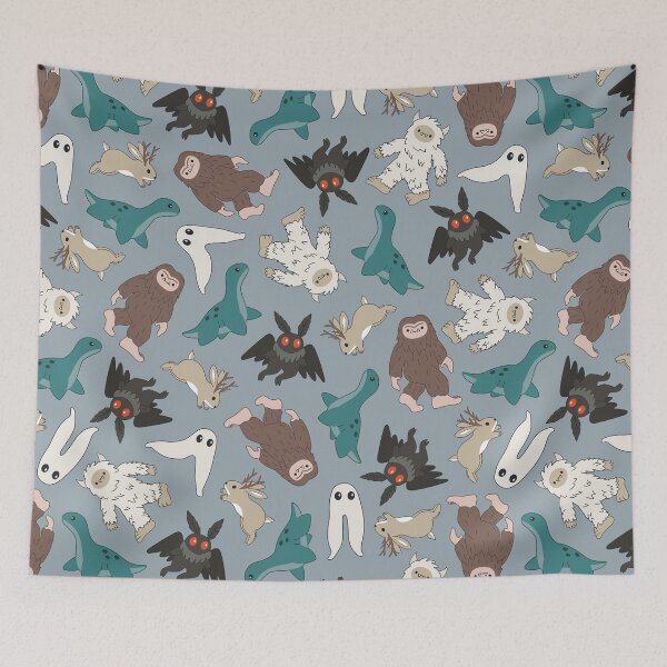 Item preview, cute cryptids in blue gray - Loch Ness monster, mothman, Bigfoot, Sasquatch, jackalope, Fresno night crawler designed and sold by Becca Alessi.