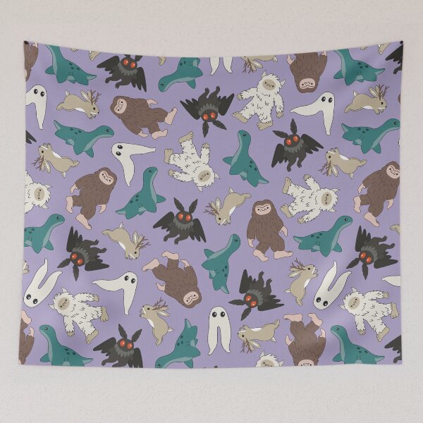 Item preview, cute cryptids in light purple - Loch Ness monster, mothman, Bigfoot, Sasquatch, jackalope, Fresno night crawler designed and sold by Becca Alessi.