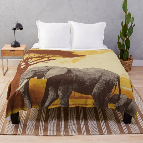 Item preview, African Elephant with Baby Calf – Vintage Safari Artwork designed and sold by ArgentoArt.