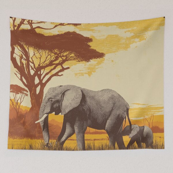 Item preview, African Elephant with Baby Calf – Vintage Safari Artwork designed and sold by ArgentoArt.
