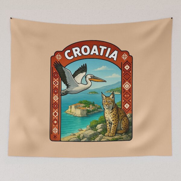 Item preview, Croatia Wildlife - Dalmatian Pelican & Balkan Lynx designed and sold by Myra365Art.