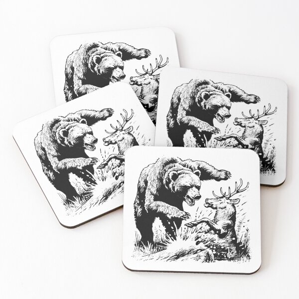 Item preview, Bear and Deer Wildlife Encounter – Vintage Black and White Nature Illustration designed and sold by inkoutninja.