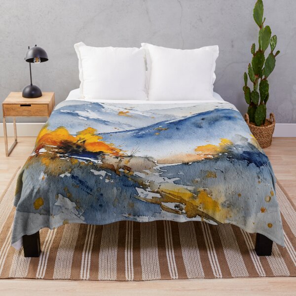 Item preview, Mountain Landscape – Blue and Gold Watercolor Scene designed and sold by solynneart.