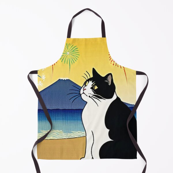 Aperçu de l'œuvre Chat smoking regardant les feux d'artifice au bord de la mer – La magie du ciel jaune créée et vendue par LEO'S CREATURE れおずくりーちゃー.