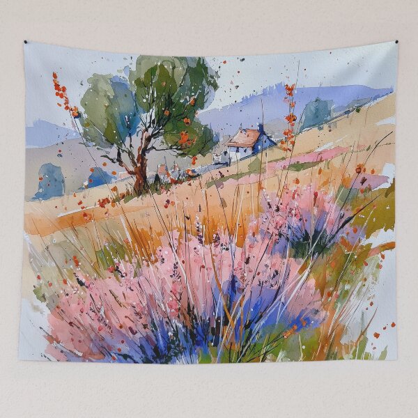 Item preview, Heather Fields & Countryside Cottage – Watercolor Landscape designed and sold by solynneart.