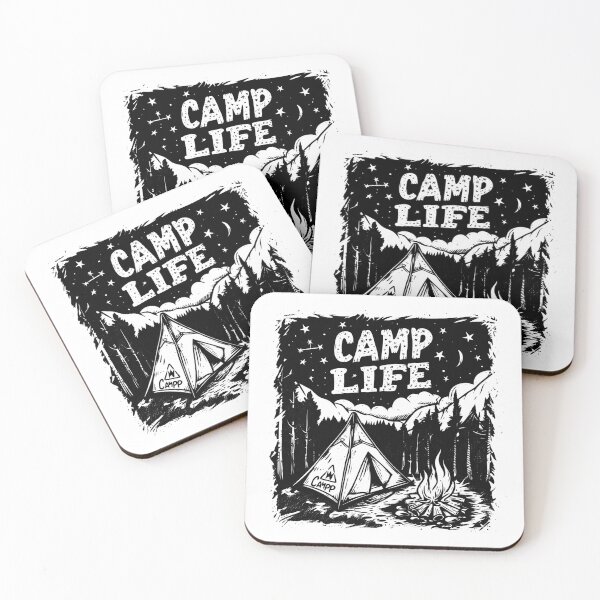 Item preview, Camp Life – Black and White Mountain Camping Night Scene Illustration designed and sold by inkoutninja.