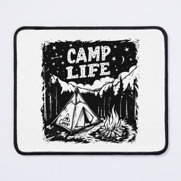 Item preview, Camp Life – Black and White Mountain Camping Night Scene Illustration designed and sold by inkoutninja.
