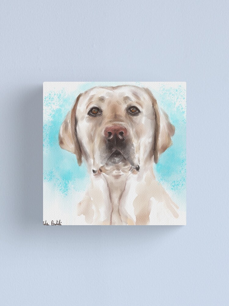 Watercolor Portrait Of A Curious Yellow Labrador On A Light Blue